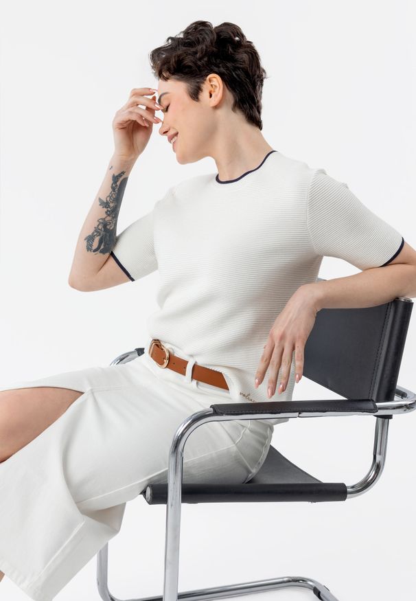 Volcano - Bluzka w prążki TM-SANTE. Okazja: na co dzień. Materiał: dzianina, włókno, syntetyk, materiał, prążkowany, poliester, wiskoza. Długość rękawa: krótki rękaw. Długość: krótkie. Wzór: prążki. Styl: casual, elegancki