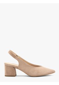 Ryłko - Beżowe czółenka damskie slingback bez pięty ISABEL. Okazja: na co dzień. Zapięcie: bez zapięcia. Kolor: beżowy. Materiał: welur. Sezon: lato. Obcas: na obcasie. Styl: casual, street. Wysokość obcasa: średni