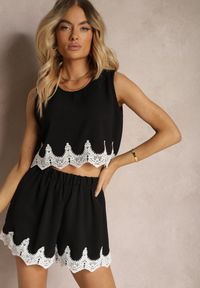 Renee - Czarny Komplet Ozdobiony Koronką Top na Ramiączkach Szorty Luźne High Waist Filoa. Kolor: czarny. Materiał: koronka. Wzór: aplikacja, koronka