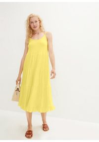 bonprix - Sukienka shirtowa midi w fasonie o linii litery A. Kolor: żółty. Długość rękawa: na ramiączkach. Długość: midi