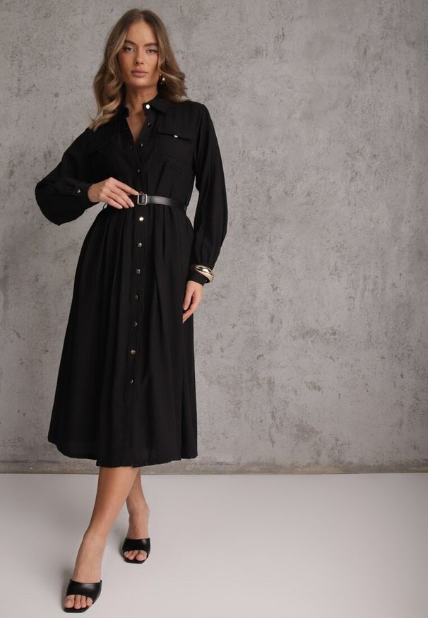 Renee - Czarna Sukienka Rozkloszowana z Wiskozy o Koszulowym Kroju z Paskiem Anteis. Kolor: czarny. Materiał: wiskoza. Wzór: aplikacja. Typ sukienki: koszulowe. Styl: elegancki