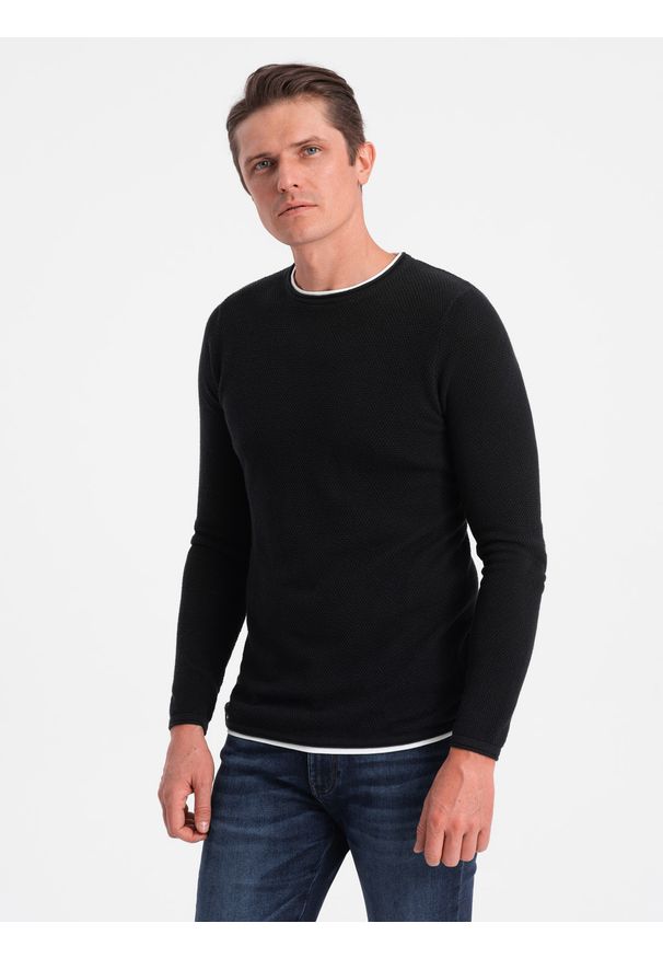 Ombre Clothing - Bawełniany sweter męski z okrągłym dekoltem - czarny V1 - Rozmiar: XXL. Kolor: czarny. Materiał: bawełna. Styl: klasyczny