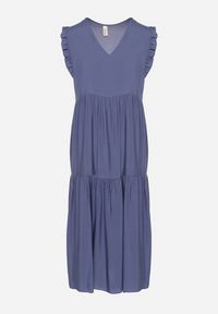 Born2be - Niebieska Bawełniana Sukienka Ozdobiona Falbankami Aveliova. Okazja: na co dzień, na spacer, na imprezę. Typ kołnierza: kołnierz z falbankami. Kolor: niebieski. Materiał: bawełna. Wzór: aplikacja. Typ sukienki: proste. Styl: casual, elegancki. Długość: midi #7