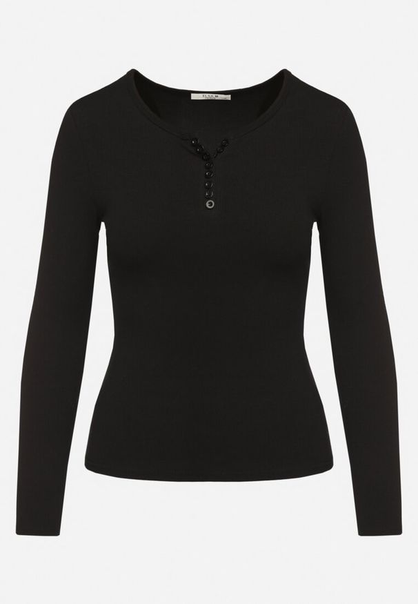 Born2be - Czarna Prążkowana Bawełniana Bluzka z Guzikami Sarwiwi. Okazja: na co dzień. Kolor: czarny. Materiał: bawełna, prążkowany. Styl: casual