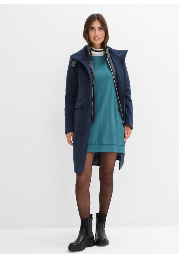 bonprix - Sukienka dresowa z miękkiego materiału frotte. Kolor: niebieski. Materiał: dresówka, materiał. Długość rękawa: raglanowy rękaw. Wzór: prążki