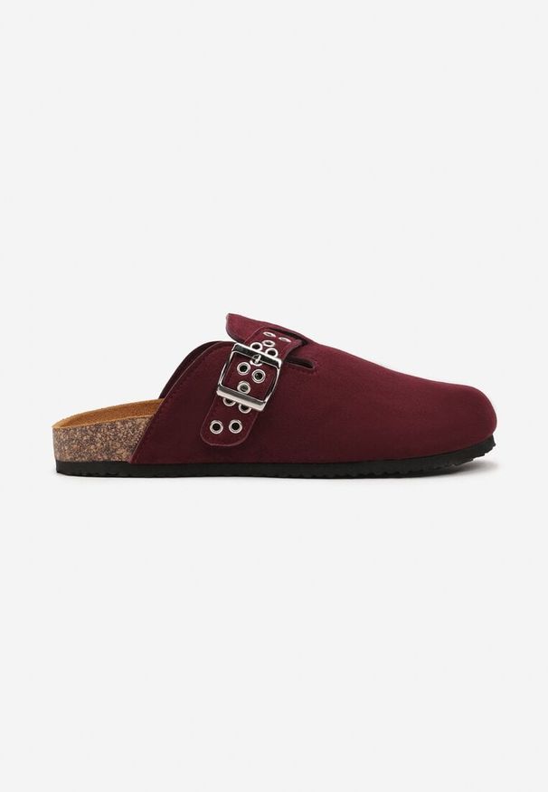 Born2be - Bordowe Klapki Mule w Stylu Chodaków z Klamrą Lanaris. Kolor: czerwony