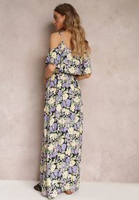 Renee - Fioletowo-Żółta Sukienka Maxi Bawełniana w Kwiaty z Falbanką Saranna. Kolor: fioletowy. Materiał: bawełna. Długość rękawa: na ramiączkach. Wzór: kwiaty. Długość: maxi #5