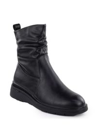 Botki damskie na koturnie czarne Vinceza 26-58557. Kolor: czarny. Materiał: skóra ekologiczna. Obcas: na koturnie. Styl: elegancki