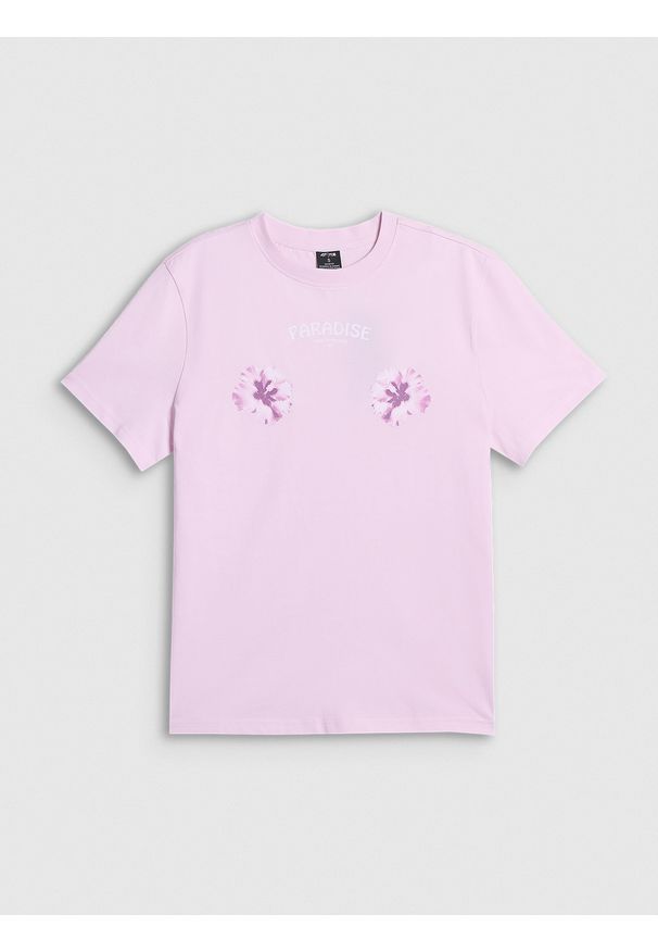 4f - 4F T-shirt loose z nadrukiem damski - różowy L. Okazja: na co dzień, na plażę. Kolor: różowy. Materiał: materiał, bawełna, dzianina. Wzór: nadruk. Sezon: lato. Styl: sportowy, klasyczny, wakacyjny, casual