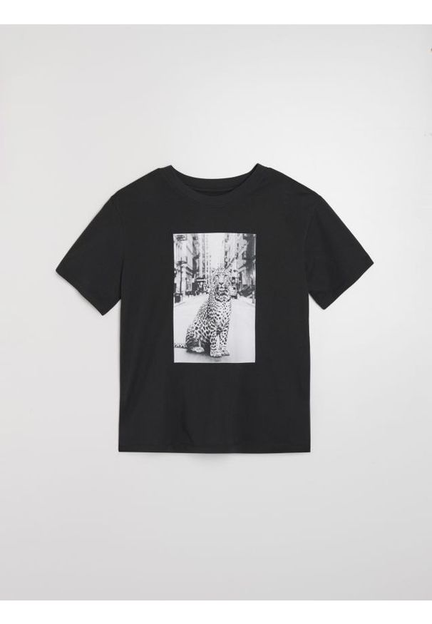 Sinsay - Bawełniana koszulka z nadrukiem - szary. Kolor: szary. Materiał: bawełna. Wzór: nadruk