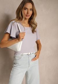 Renee - Jasnofioletowa Bluzka z Rozkloszowanymi Rękawami Sunelva. Okazja: na co dzień. Kolor: fioletowy. Materiał: jeans. Styl: elegancki, casual #4