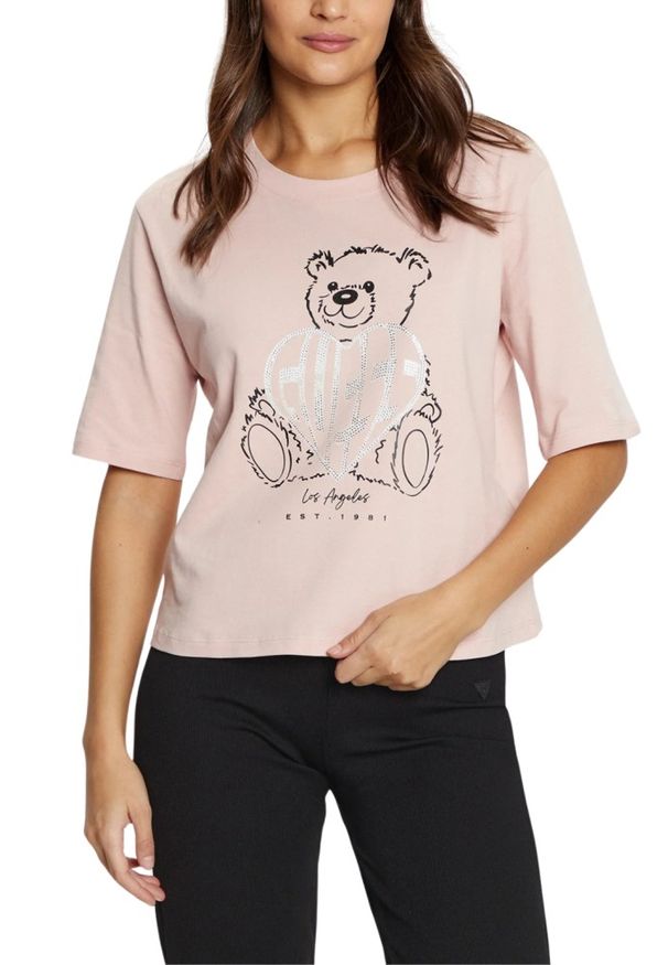 Guess - GUESS Różowy t-shirt damski Bear Boxy. Kolor: różowy