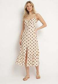Born2be - Beżowa Wiskozowa Sukienka w Kropki na Ramiączkach Zapinana na Guziki Katilane. Okazja: na co dzień. Typ kołnierza: dekolt w serek. Kolor: beżowy. Materiał: wiskoza. Długość rękawa: na ramiączkach. Wzór: kropki. Sezon: wiosna, lato. Styl: klasyczny, casual, elegancki #7