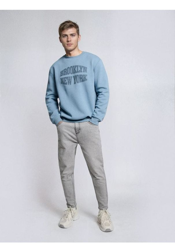 Sinsay - Bluza crewneck z napisem - niebieski. Kolor: niebieski. Wzór: napisy