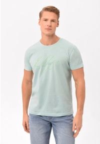 Volcano - Bawełniany t-shirt z printem T-LASER. Okazja: na co dzień. Kolor: miętowy. Materiał: bawełna. Długość rękawa: krótki rękaw. Długość: krótkie. Wzór: nadruk. Sezon: lato. Styl: klasyczny, casual #1