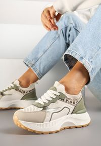 Born2be - Beżowo-Zielone Sneakersy w Streetwearowym Stylu na Grubej Podeszwie Zelluria. Okazja: na co dzień. Kolor: beżowy. Materiał: jeans