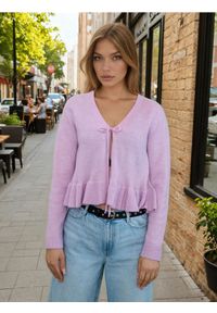 Sinsay - Kardigan z wiązaniem i dekoracyjną falbaną z domieszką wełny - różowy. Kolor: różowy. Materiał: wełna #1