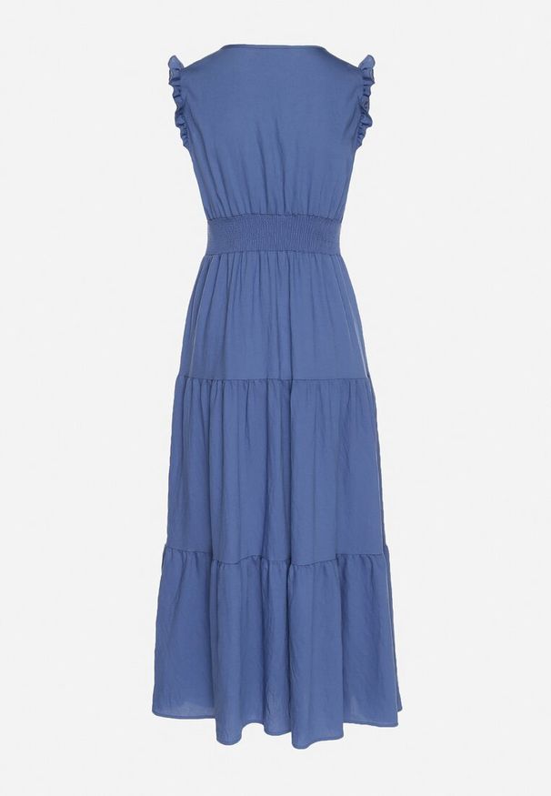 Born2be - Niebieska Wiskozowa Sukienka z Falbankami Sadoline. Okazja: na co dzień. Typ kołnierza: kołnierz z falbankami. Kolor: niebieski. Materiał: wiskoza. Styl: boho, casual