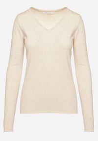 Born2be - Beżowy Sweter Klasyczny z Trójkątnym Dekoltem z Domieszką Kaszmiru Taielle. Okazja: do pracy, na co dzień. Kolor: beżowy. Materiał: kaszmir. Styl: klasyczny #7