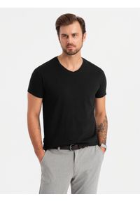 Ombre Clothing - Zestaw bawełnianych męskich t-shirtów V-neck BASIC – 3x czarny V9 OM-TSBS-0233 - XXL. Typ kołnierza: dekolt w serek. Kolor: czarny. Materiał: bawełna