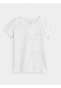 4f - T-shirt z nadrukiem dziewczęcy. Kolor: biały. Materiał: dzianina, bawełna. Wzór: nadruk #1