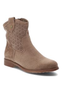 Botki damskie S.Barski, cholewka z materiału ażurowe wykończenie krótka cholewka pętla z tyłu elegancki fason, brązowe, HY61-8025. Kolor: brązowy. Materiał: materiał. Szerokość cholewki: normalna. Wzór: ażurowy. Sezon: wiosna, jesień. Obcas: na obcasie. Styl: elegancki. Wysokość obcasa: niski #1