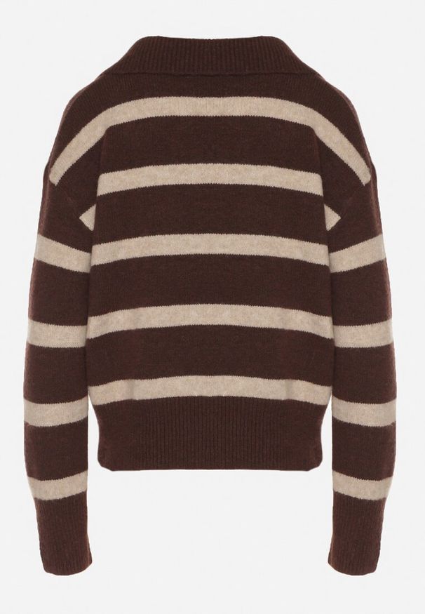 Born2be - Brązowy Sweter w Paski z Wełną i Dekoltem z Kołnierzykiem Tevana. Okazja: na co dzień. Typ kołnierza: dekolt w serek. Kolor: brązowy. Materiał: wełna. Wzór: paski. Styl: elegancki, casual, klasyczny