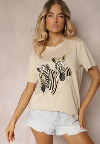 Renee - Beżowy T-shirt z Bawełny z Nadrukiem o Motywie Zwierzęcym Risabell. Okazja: na co dzień. Kolor: beżowy. Materiał: bawełna. Wzór: motyw zwierzęcy, nadruk. Styl: casual #3
