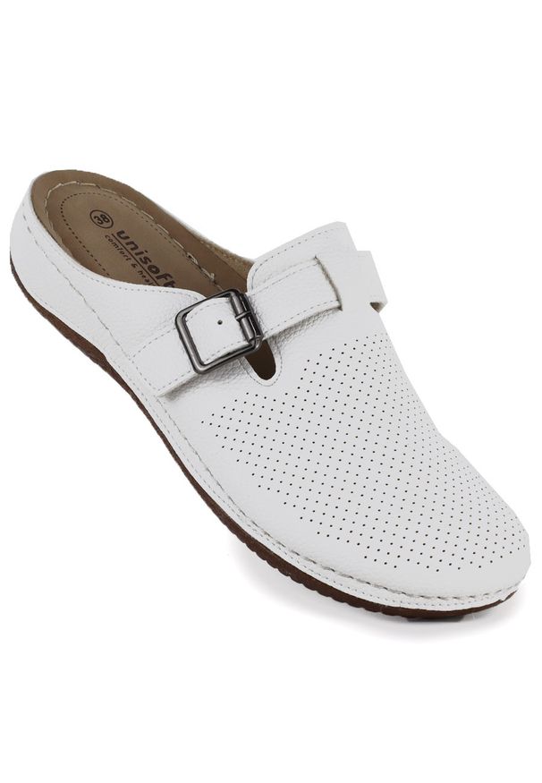 Klapki damskie zabudowane sanitarne białe Unisoft 9928. Kolor: biały. Materiał: skóra ekologiczna