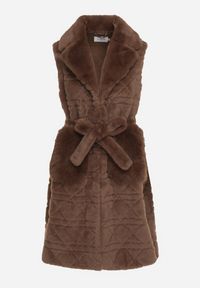 Born2be - Brązowa Futrzana Kamizelka z Wiązanym Paskiem i Ozdobnymi Przeszyciami Raetila. Okazja: do pracy, na co dzień, na spotkanie biznesowe. Typ kołnierza: golf. Kolor: brązowy. Materiał: futro. Wzór: aplikacja. Styl: casual, elegancki, biznesowy #5