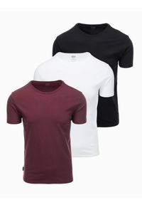 Ombre Clothing - Zestaw bawełnianych t-shirtów męskich BASIC z okrągłym dekoltem – czarny/biały/bordowy V6. Okazja: na co dzień. Kolor: czerwony. Materiał: bawełna. Styl: klasyczny, casual