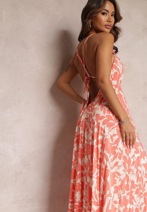 Renee - Pomarańczowa Wiskozowa Sukienka Maxi Wiązana na Szyi z Troczkiem w Pasie Zephira. Kolor: pomarańczowy. Materiał: wiskoza. Długość: maxi