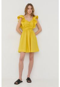 TwinSet - Twinset sukienka kolor żółty mini rozkloszowana. Kolor: żółty. Materiał: tkanina. Długość rękawa: krótki rękaw. Długość: mini #2