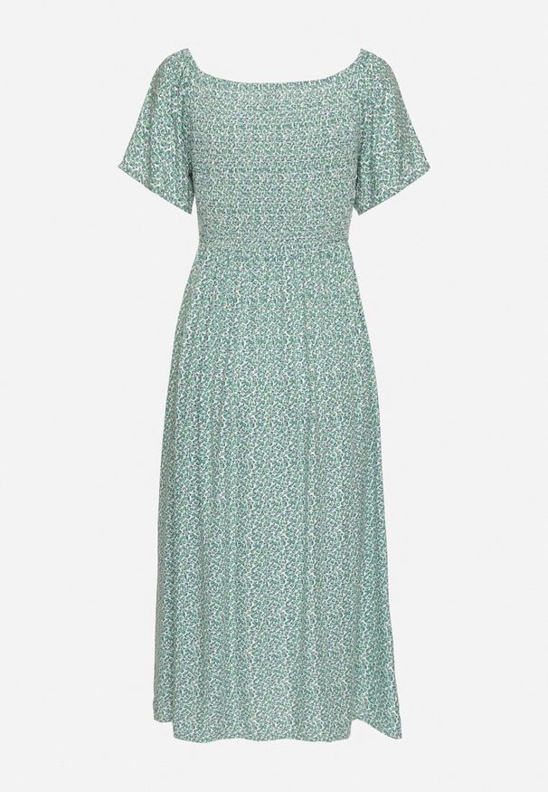 Born2be - Zielona Rozkloszowana Sukienka Hiszpanka z Bawełny w Kwiatowy Wzór Sadrivae. Okazja: na co dzień. Typ kołnierza: dekolt hiszpanka. Kolor: zielony. Materiał: bawełna. Wzór: kwiaty. Styl: klasyczny, casual