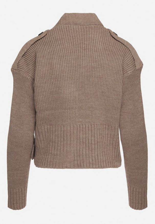 Born2be - Ciemnobeżowy Kardigan o Klasycznym Kroju Zdobiony Paskiem z Guzikami Tilirae. Okazja: na spotkanie biznesowe, na co dzień. Kolor: beżowy. Materiał: jeans. Wzór: aplikacja. Styl: klasyczny