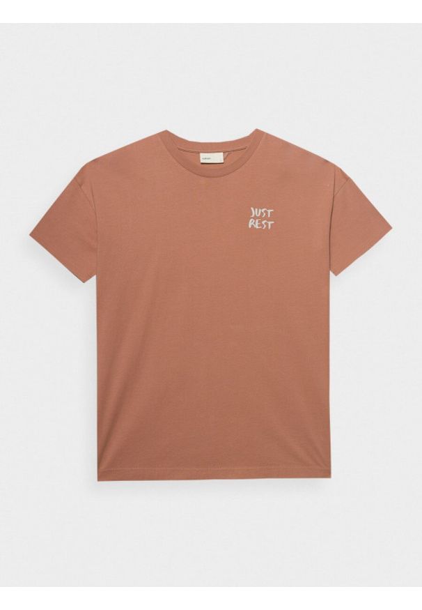 outhorn - T-shirt oversize z nadrukiem damski - pomarańczowy. Okazja: na co dzień. Kolor: pomarańczowy. Materiał: dzianina, bawełna. Wzór: nadruk. Styl: casual