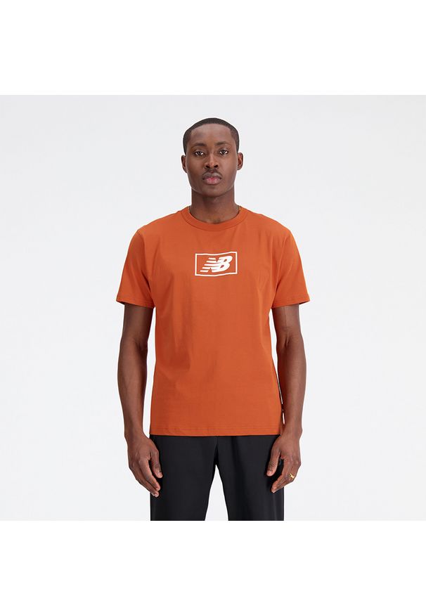 Koszulka męska New Balance MT33512ROX – pomarańczowa. Kolor: pomarańczowy. Materiał: materiał, bawełna. Długość rękawa: krótki rękaw. Długość: krótkie