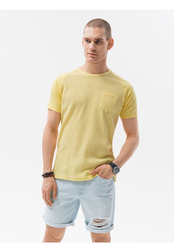 Ombre Clothing - T-shirt męski bez nadruku - żółty. Kolor: żółty. Materiał: bawełna, tkanina, poliester. Styl: klasyczny