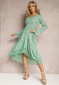 Renee - Zielona Rozkloszowana Sukienka Midi z Siateczką o Asymetrycznym Kroju Fovita. Kolor: zielony. Typ sukienki: asymetryczne. Długość: midi #4