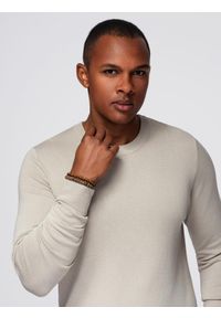 Ombre Clothing - Sweter męski z okrągłym dekoltem z elastycznej dzianiny o klasycznym splocie - beżowy V3 - Rozmiar: XL. Okazja: na co dzień. Kolor: beżowy. Materiał: dzianina. Wzór: ze splotem. Styl: klasyczny