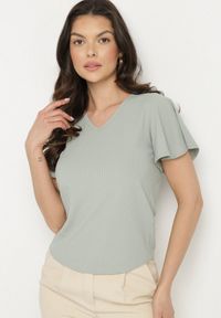Born2be - Zielona Bluzka z Szerokimi Rękawami Sunevia. Okazja: na co dzień. Typ kołnierza: dekolt w kształcie V. Kolor: zielony. Materiał: jeans. Styl: elegancki, casual #5