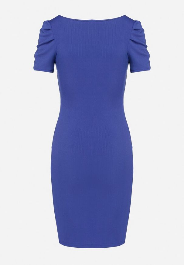 Born2be - Niebieska Sukienka o Dopasowanym Kroju z Bufiastymi Rękawami Aravitia. Okazja: na co dzień. Kolor: niebieski. Typ sukienki: dopasowane, proste. Styl: casual