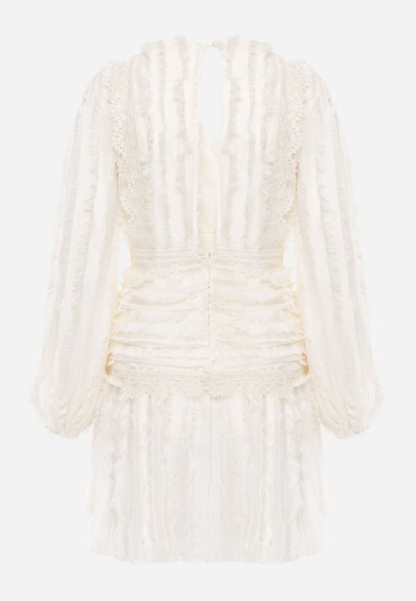 Born2be - Beżowa Rozkloszowana Sukienka z Koronką i Wystrzępieniem Jenika. Kolor: beżowy. Materiał: koronka. Wzór: koronka. Styl: elegancki