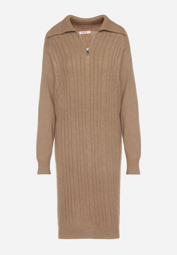 Born2be - Beżowa Sweterkowa Sukienka Pudełkowa z Bawełną i Wełną Ozdobiona Suwakiem Reimia. Okazja: na co dzień. Kolor: beżowy. Materiał: wełna, bawełna. Wzór: aplikacja. Styl: klasyczny, casual