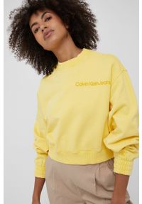 Calvin Klein Jeans bluza bawełniana damska kolor żółty z aplikacją. Kolor: żółty. Materiał: bawełna. Długość rękawa: długi rękaw. Długość: długie. Wzór: aplikacja