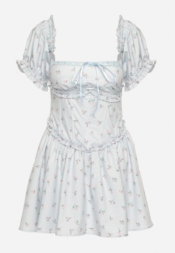 Born2be - Niebieska Sukienka Vices z Bufkami Falbankami i Wiązaniem w Kwiaty Tolalira. Okazja: na co dzień. Typ kołnierza: kołnierz z falbankami. Kolor: niebieski. Materiał: skóra. Wzór: kwiaty. Styl: casual, elegancki, klasyczny