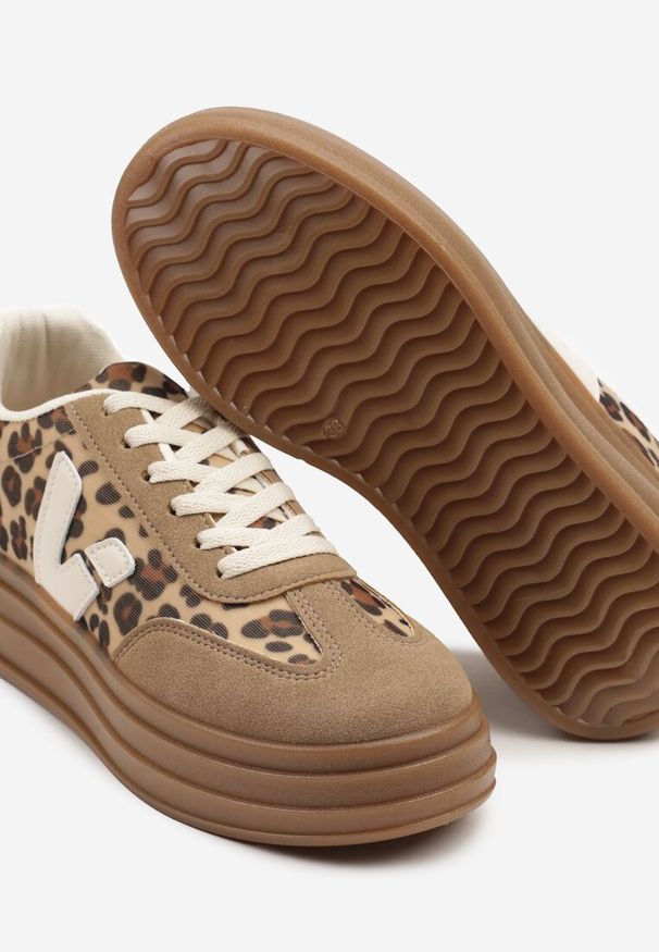 Renee - Beżowe Panterkowe Sneakersy na Kauczukowej Podeszwie Ellirielle. Okazja: na co dzień. Zapięcie: sznurówki. Kolor: beżowy. Materiał: kauczuk