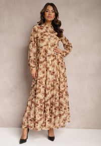 Renee - Beżowa Rozkloszowana Sukienka Koszulowa Maxi w Kwiaty Nersa. Kolor: beżowy. Wzór: kwiaty. Typ sukienki: koszulowe. Długość: maxi #4