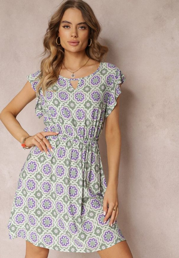 Renee - Zielono-Fioletowa Bawełniana Sukienka Mini w Mozaikowy Wzór z Gumką w Talii Fiyona. Kolor: zielony. Materiał: bawełna. Długość: mini