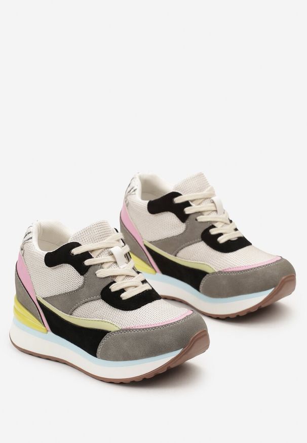 Renee - Szare Sneakersy na Ukrytym Niewysokim Koturnie z Brokatem Fioralan. Kolor: szary. Obcas: na koturnie